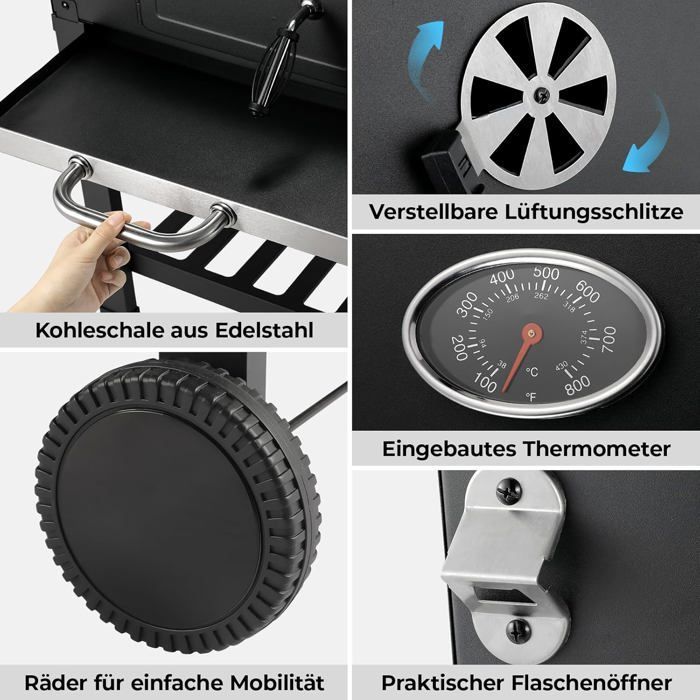 Barbecue Charbon de Bois XL,Grill à Charbon pour Camping et Jardin,BBQ Smoker,Réglable en Hauteur,avec Thermomètre et Roulettes