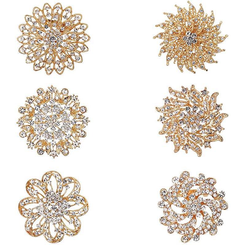 WeimanJewelry Srebro/Złoto/Różowe złoto, zestaw 6 broszek z kryształkami i kwiatkami