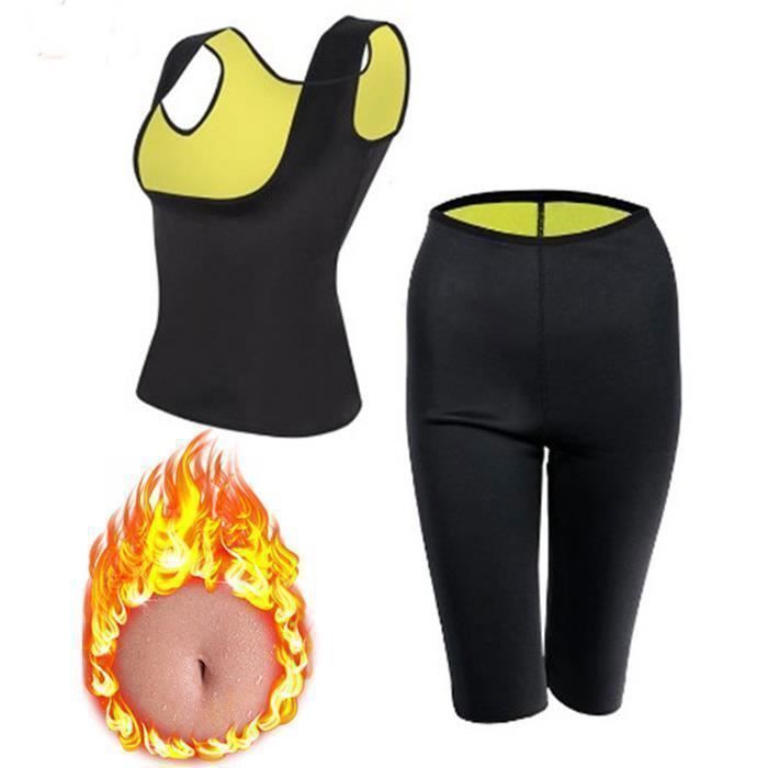 Conjunto feminino de camiseta e shorts de neoprene modeladores e que induzem a transpiração.