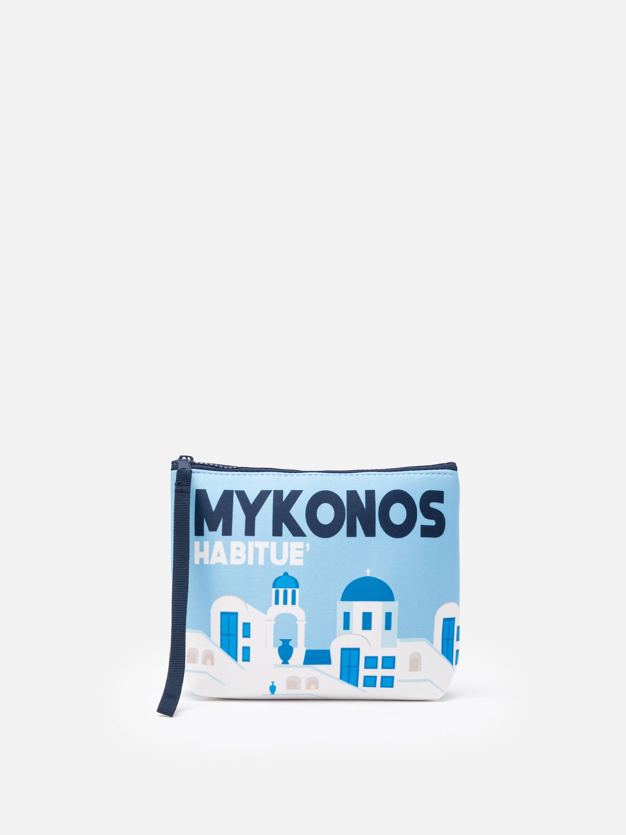 Aline scuba clutch tas met print van een ansichtkaart van Mykonos