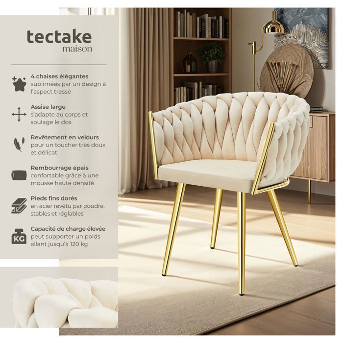 Chairs - TECTAKE - Set of 4 ASTANO dining chairs in knotted designer velvet with slim steel legs - Sand/Gold