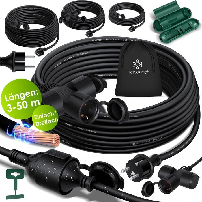 Rallonge électrique extérieure - KESSER - 50 m - IP44 - 230 V - Fiche Schuko - Résistant aux intempéries