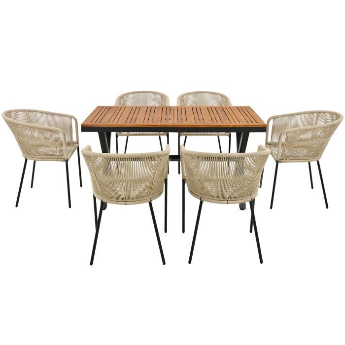 Ensemble table et chaise de jardin - 6 places - 1 table en bois d'acacia et 6 chaises décorées de corde - Beige
