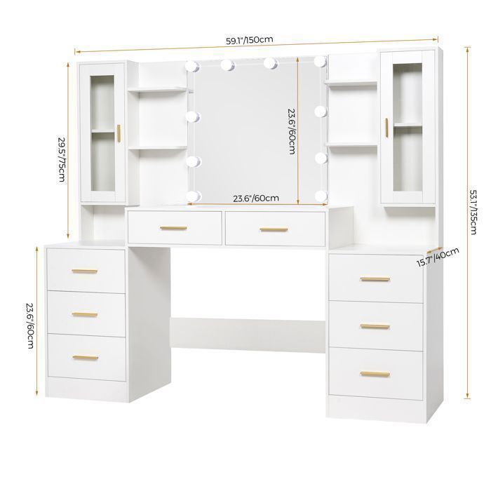 Grande Coiffeuse avec Miroir LED, 2 Prises et Ports USB, 8 Tiroirs de Rangement, Adultes et Enfants, 150×40×135cm