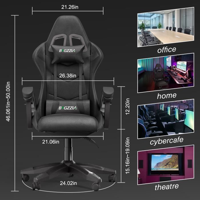 Gamingstoel - Rattantree Ergonomische Gamingstoel - Gamingstoel met hoofdsteun en lendensteun - Kantelbaar van 90° tot 155°