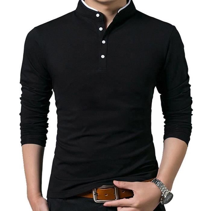 Camiseta de manga larga para hombre, color liso, corte ajustado, cuello alto, ideal para primavera y otoño - Negra