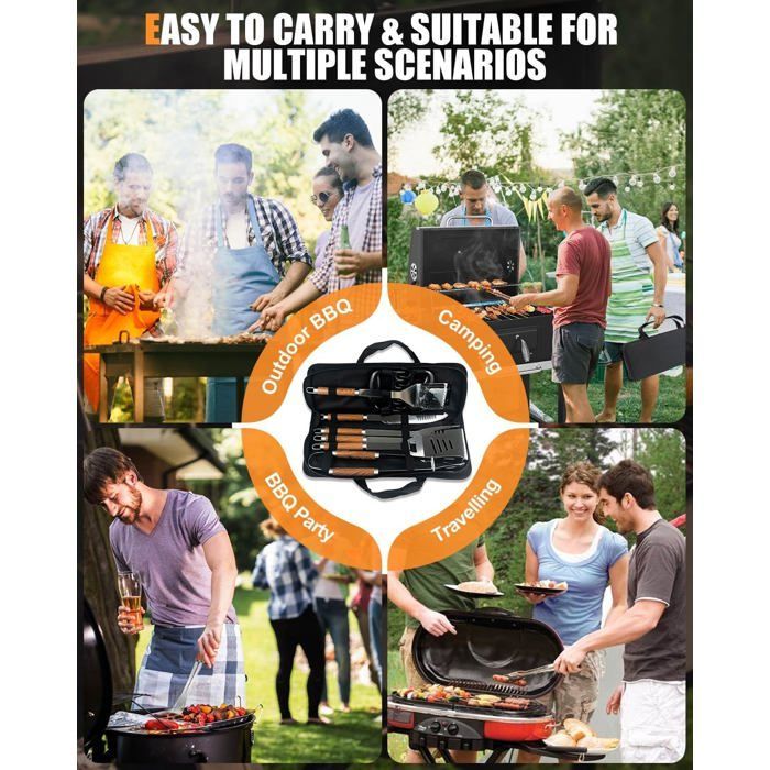 Ensemble d'ustensiles de barbecue 9 en 1, en acier inoxydable extra épais avec sac de rangement, ensemble complet d'ustensiles