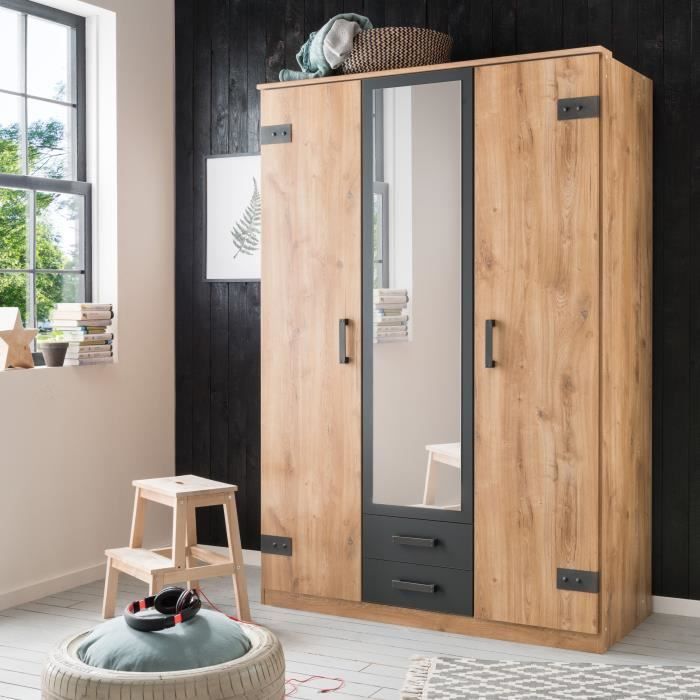 Armario CORFOU - Acabado en roble y gris antracita + Espejo - 3 puertas batientes - 2 cajones - 135 x 58 x 199 cm (ancho x profundidad x alto)