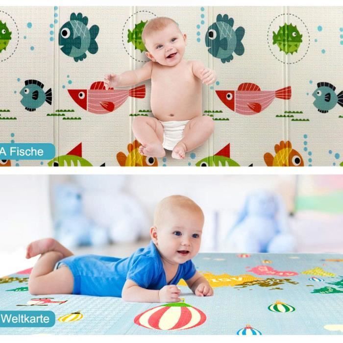 Faltbare Babyspielmatte 200 x 180 x 1,5 cm mit Fisch- und Weltkartenmotiv, beidseitig rutschfest