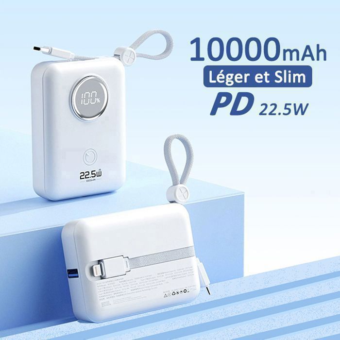 d-Power Batterie Externe 10000mAh LED Mini Power Bank PD 22.5W Rapide 2 Sortie USB/USb-C 2 Cable Lightning/USB-C Chargeur Portable