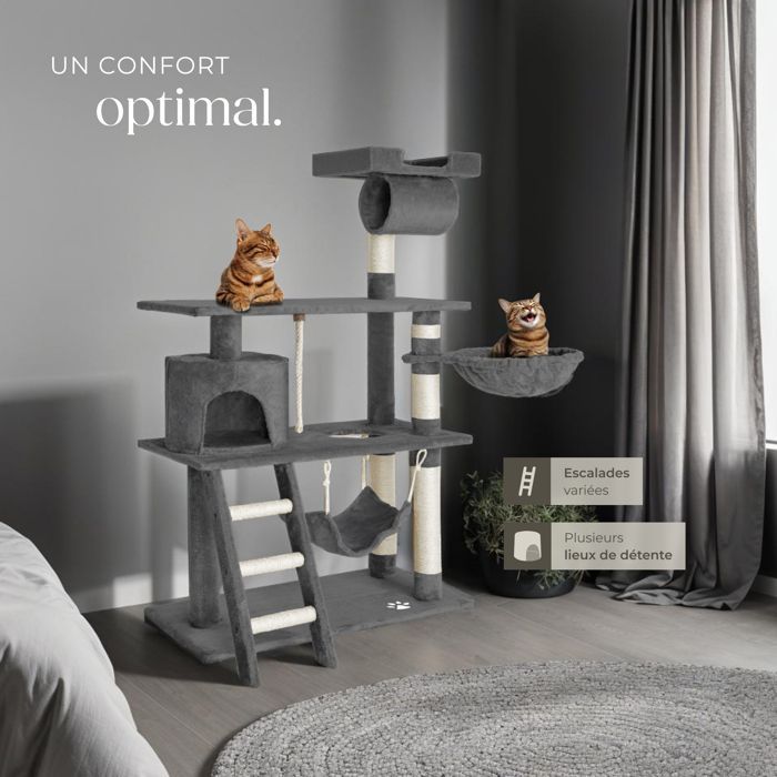 Árbol rascador para gatos - TECTAKE - MARCEL, 141 cm de altura, con cuerda, poste rascador y zonas de descanso - Gris