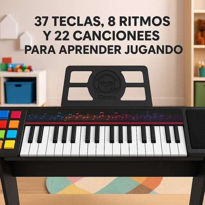 Children's electric piano - iDance - 37 keys - Rechargeable battery - 8 rhythms - 22 songs - Wooden base