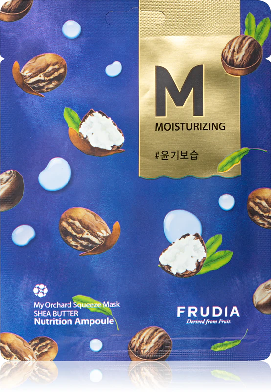 Máscara facial hidratante em tecido com manteiga de karité Frudia My Orchard para peles muito secas e sensíveis.