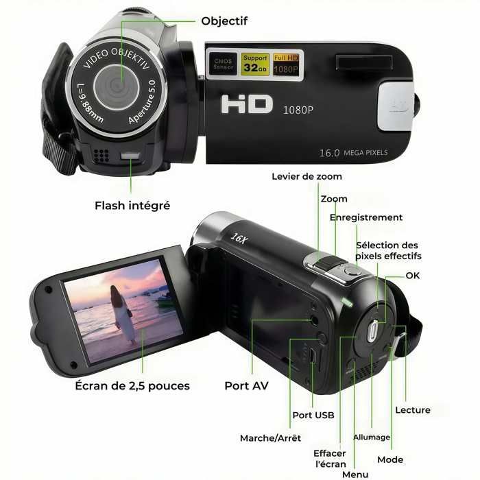 Full HD 1080p 16MP Digital Camcorder with 16x Zoom, 270° Rotating Screen, Built-in Flash, Lightweight, Compact Video Camera, Black