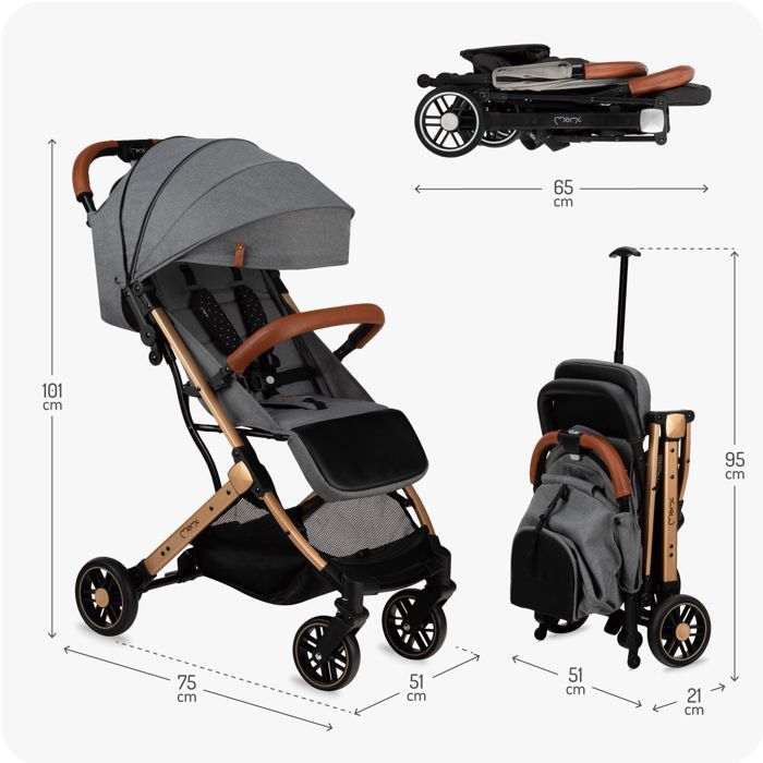 MoMi ESTELLE – Poussette Bébé Ultra Compacte – Légère 7,7 kg – Pliage à Une Main – Guidon Valise –  Gris Doré