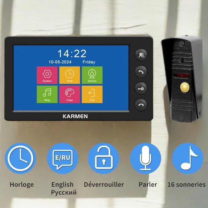 Videocitofono in metallo da 7 pollici, visione notturna a infrarossi, IP65, 16 suonerie, telecomando, nero.