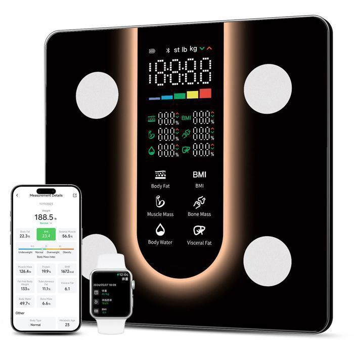 Intelligente Badezimmerwaage mit 25 Körperanalyseanzeigen, VA-Farbdisplay, Mehrbenutzerfähig, kompatibel mit Android und iOS, max. 180 kg