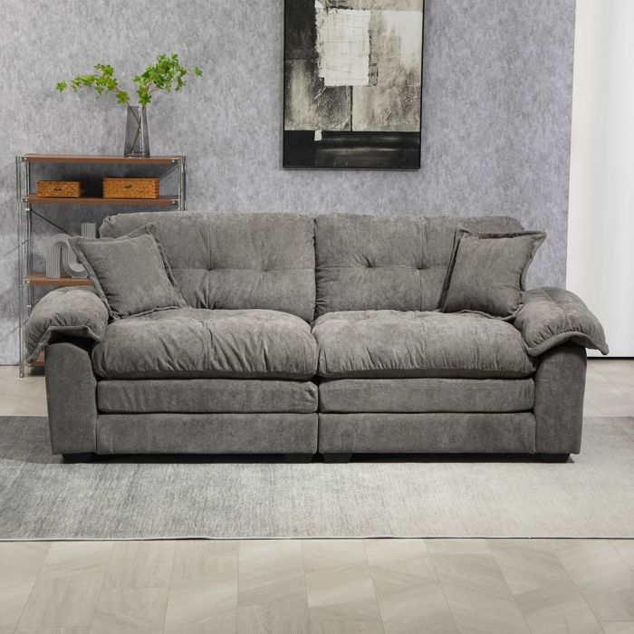 MEUBLIV Double Sofa, Tufted Sofa with 2 Matching Armchair Cushions, 213.4x90.1x87.6 cm, Chenille, Grey