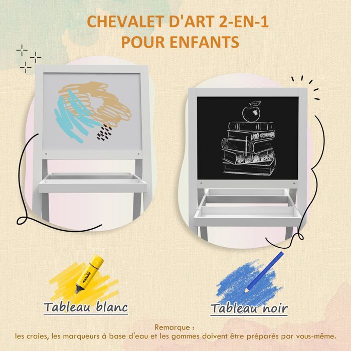 Tableau chevalet - AIYAPLAY - enfant 2 en 1 ardoise magnétique et tableau noir à craie rangement - bois - blanc