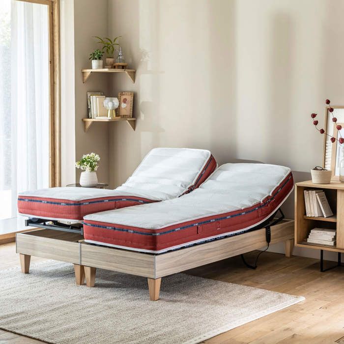 Ensemble matelas relaxation 100% latex, sommier et pieds Crépuscule 500 - SOMEO 2x80x200 - Bois naturel - Garantie 7 ans - Someo
