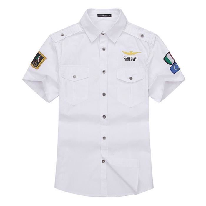 Camicia militare da uomo a maniche corte con tasche - Bianca