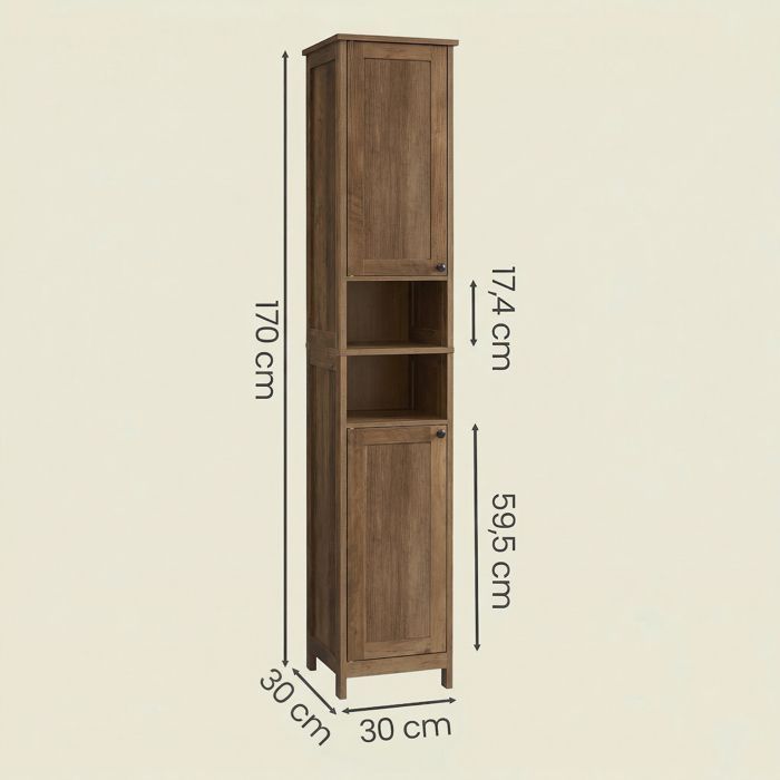 Bathroom Column, Adjustable Shelves, Modern Tall Cabinet for Small Spaces, Lighting, Brown