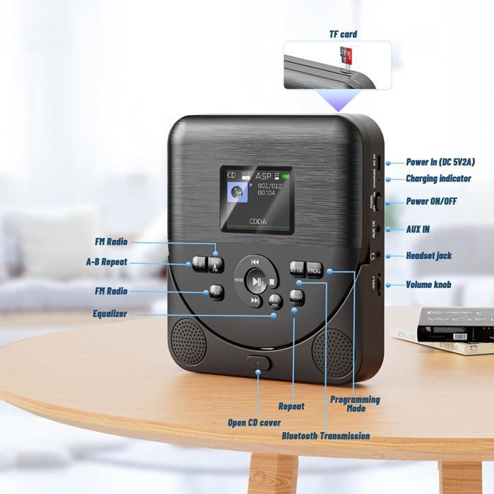 Lecteur CD Portable, Lecteur CD Bluetooth avec Haut-parleurs/écouteurs/écran, Rechargeable Player Voiture avec émetteur FMx, Noir