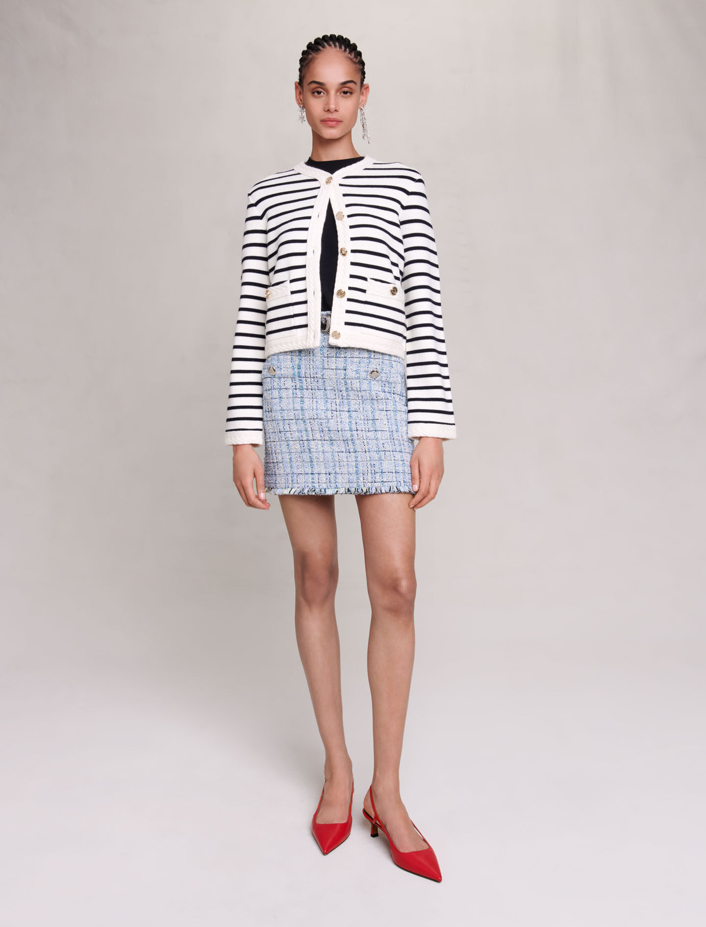 Cardigan tricotat cu dungi - Bleumarin / Ecru