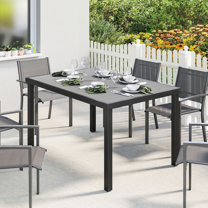Mesa de jardín Outsunny - Para 4 a 6 personas - Rectangular - Tablero de listones y patas de acero - 140 x 90 x 74 cm - Gris