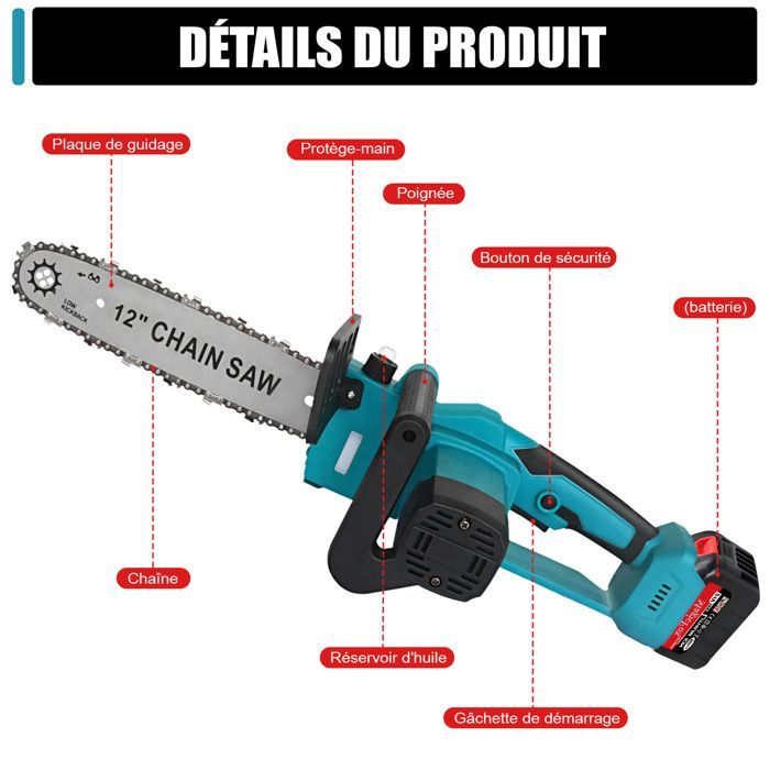 Tronçonneuse Électrique sans Fil 12 Pouces , avec Injecteur de Lubrifiant et 2 Batteries 5.0 Ah, Moteur Brushless , 2 Chaînes -Bleu