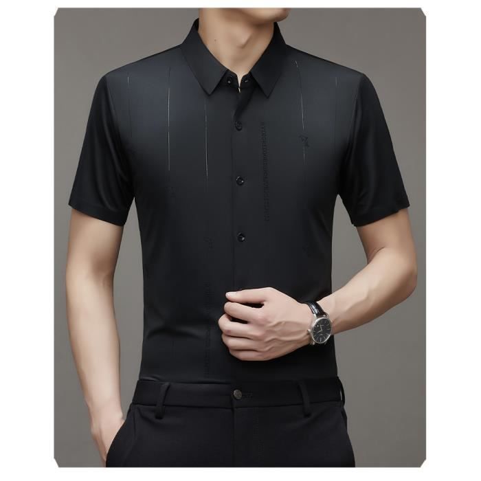 Camicia elegante da uomo, maniche corte, vestibilità regolare, camicia business, a righe, elasticizzata, antipiega, comoda - nera