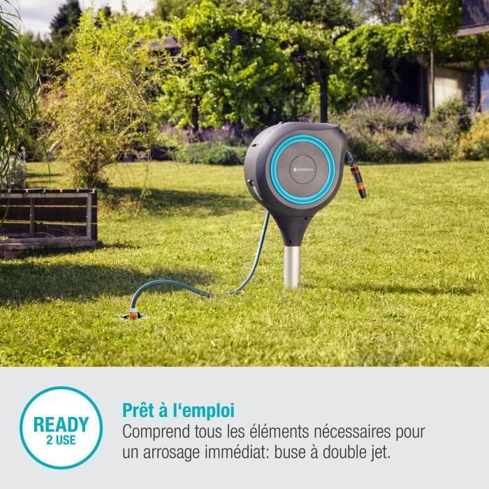 Enrollador de manguera automático con estaca, RollUp S 15 m - GARDENA - Acabado azul - Rebobinado automático de la manguera