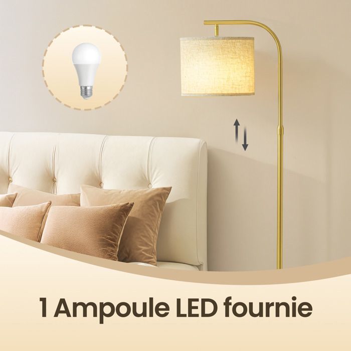 Lampadaire Arc Réglable en Hauteur, 150–175 cm, avec Interrupteur au Pied, Douille E27, Doré
