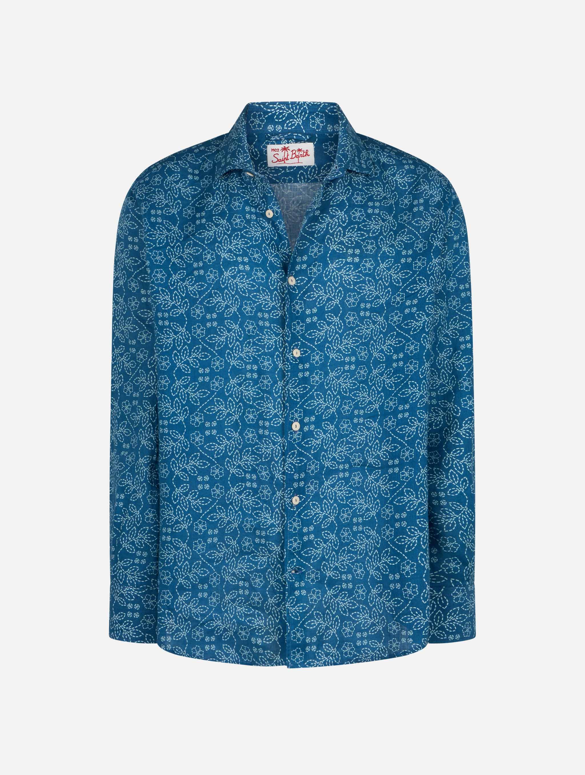 Pamplona marineblauwe linnen herenoverhemd met sashiko-print