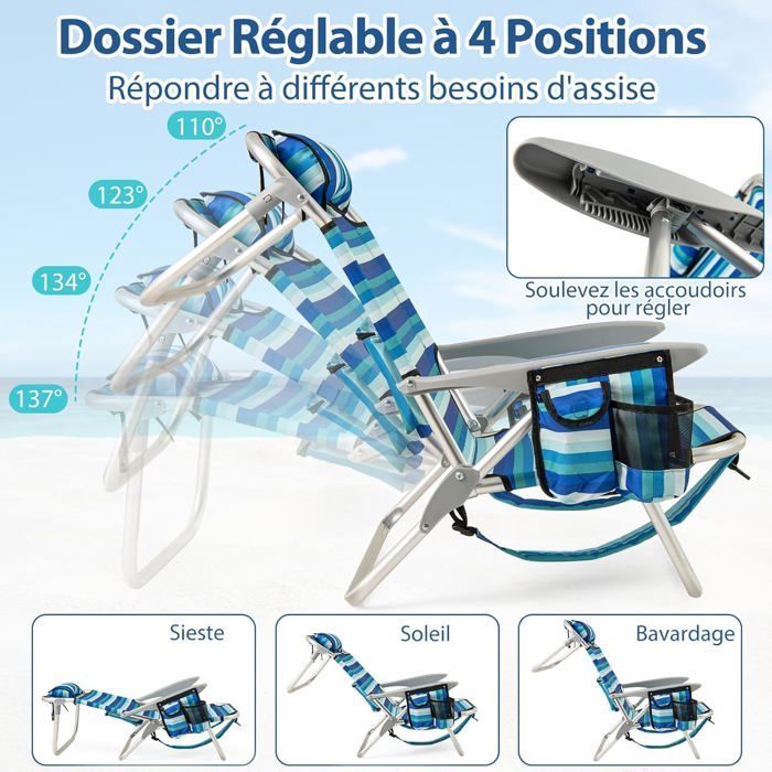 GIANTEX foldbar strandstol med justerbar ryglæn i 5 positioner, aluminiumsramme, 150 kg lasteevne, til fiskeri, 62x69x80 cm, blå stribe, 1 stk.