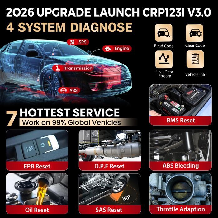 LAUNCH CRP123i V3.0 Elite Ferramenta de Diagnóstico Automotivo Multimarca, Sistemas ENG/ABS/SRS/AT 4, 7 Funções de Reset, AutoVIN
