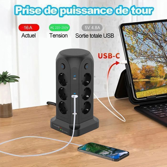 Multiprise Électrique - BYONDSELF - 4000W - 12 Prises - 4 USB - 2 Type-C