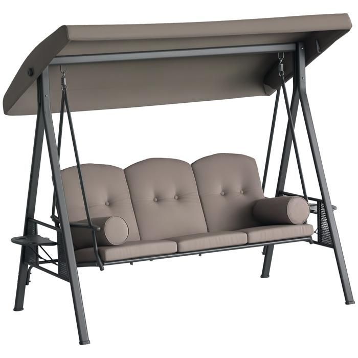 Tuinschommel - Outsunny - 3 zitplaatsen - Verstelbare kantelkap, kussens, uitschuifbare dienbladen - Gesponnen polyester, beige