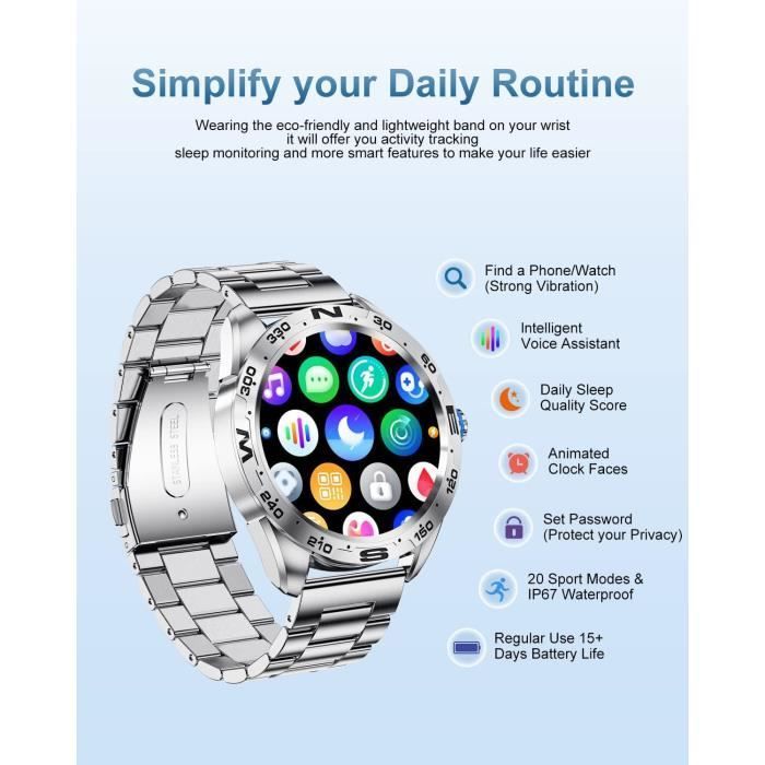 Smartwatch Bluetooth Appels Pour Android Ios 1,32 Pouces Écran Tactile Complet Ip67 Étanche 20 Modes Sport Tracker D'Activité[J6407]
