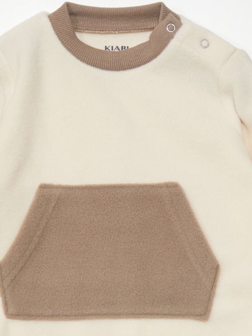 Pijama de lã polar bicolor com bolso canguru - BEGE