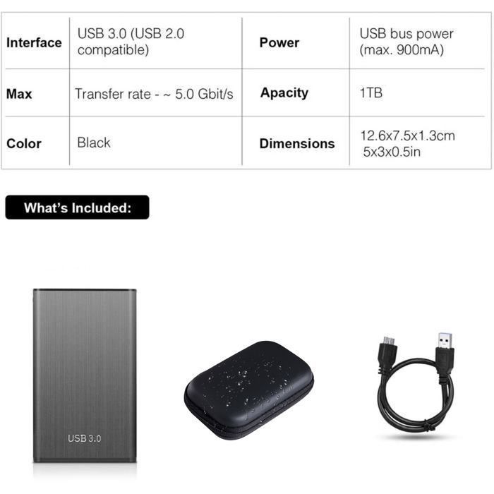 Disco duro externo de 1 TB, disco duro externo portátil USB 3.0 de 2,5