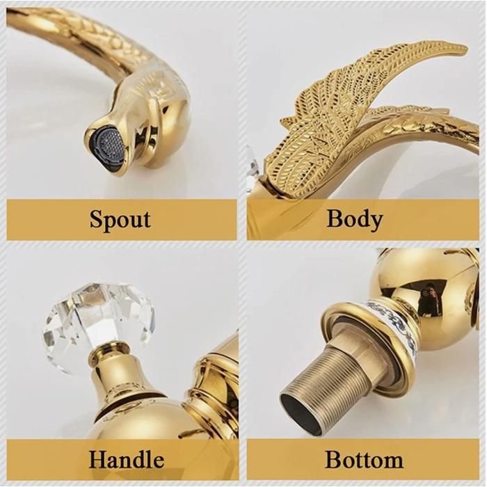 Robinet Lavabo Salle de Bain Doré Mitigeur de Lavabo en Laiton, Design en Forme d'oiseau, Mitigeur Salle de Bain Réglable Chaud