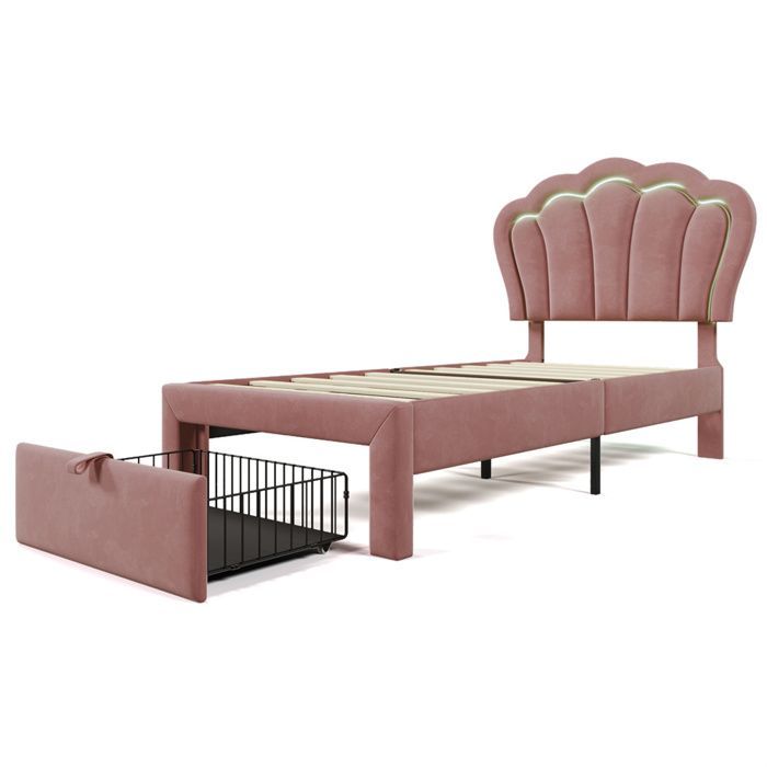 Cama infantil de 90x190 cm con cajón - Control por aplicación LED - Cabecero ajustable - Base de láminas - Terciopelo - Rosa