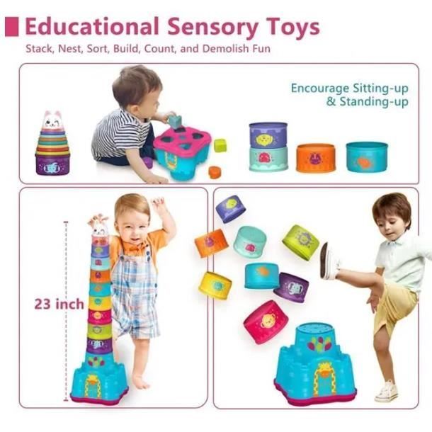 Montessori Stacking Cubes Toy - 8 Colorful Cups - Animals - Non-toxic ABS