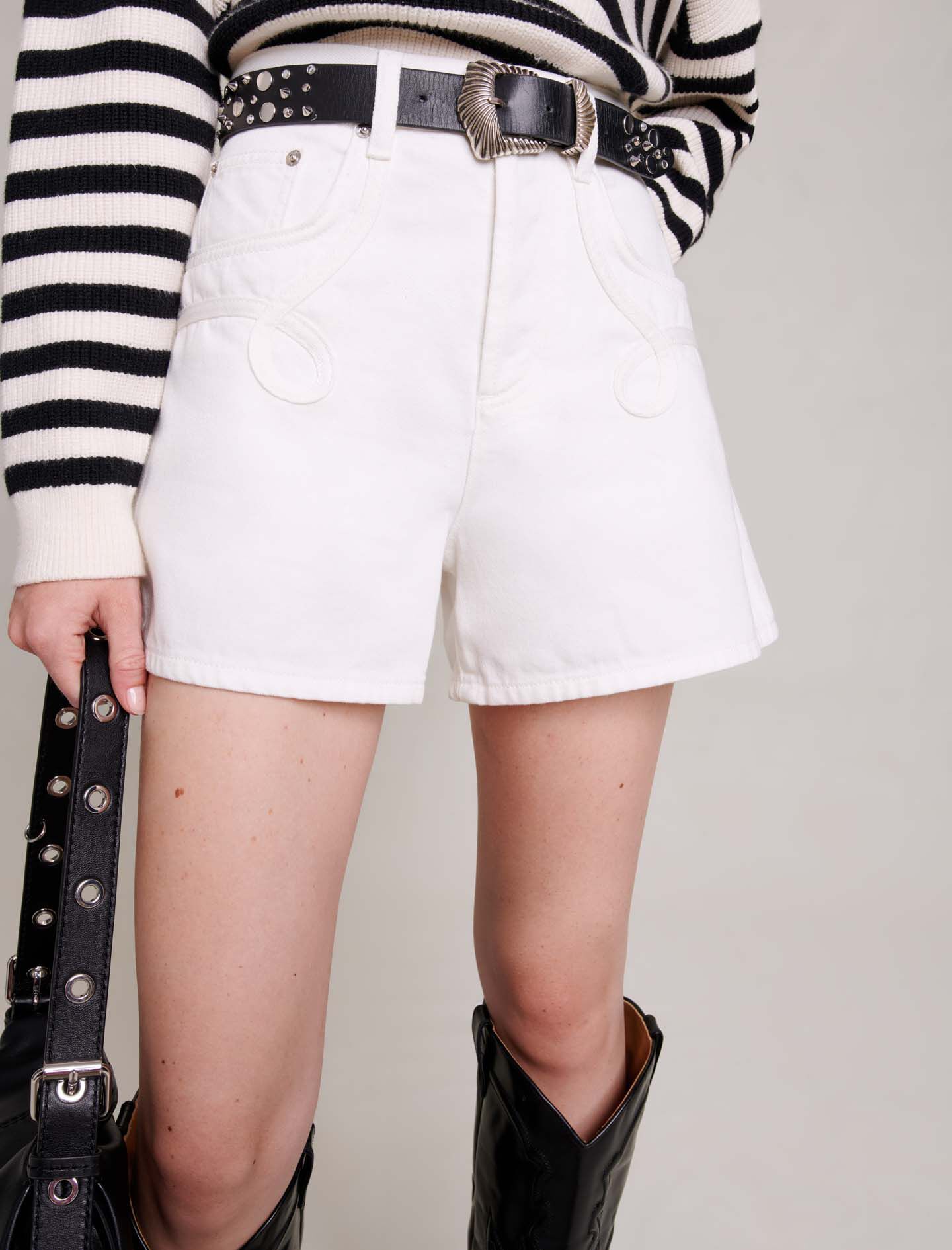 Geborduurde denim shorts - Wit
