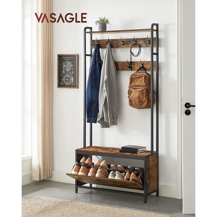 Meuble d'Entrée avec Banc - VASAGLE - Vintage - Marron Rustique et Noir - 9 Crochets et Étagère