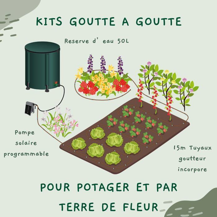 Kit de irrigação por gotejamento solar - Bomba programável - Reservatório de água de 50L - Microtubo de 5m Ø 6mm
