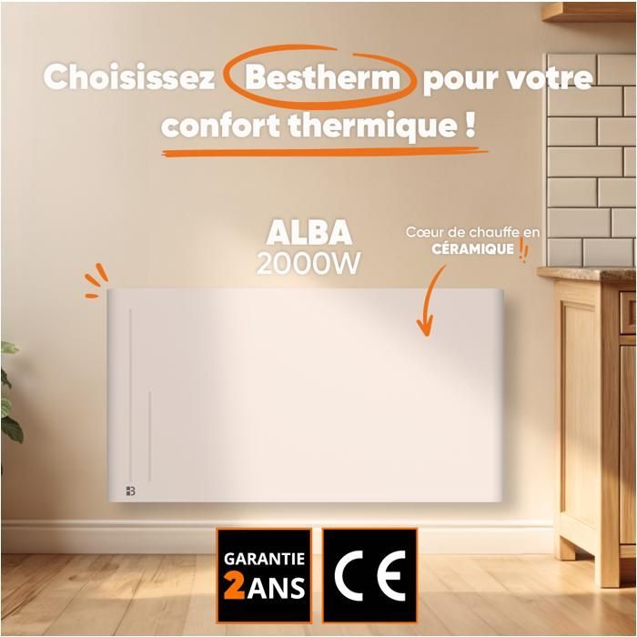 Radiateur électrique fixe à inertie sèche céramique - BESTHERM - ALBA 2000W - horizontal blanc