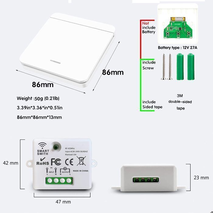 Interruttore della luce wireless, interruttore di sicurezza con trasmettitore RF e controller ricevitore da 10 A