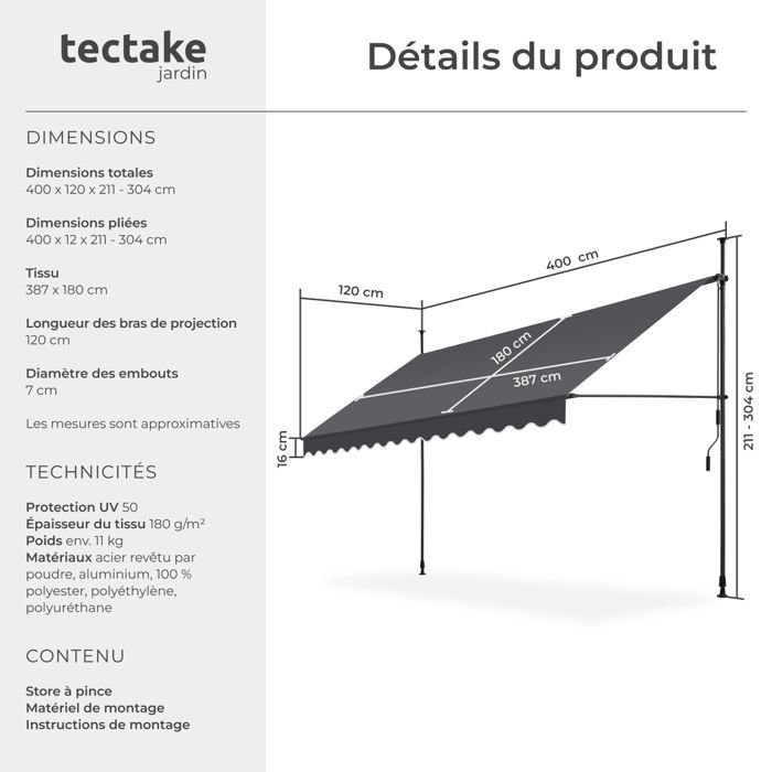 Store banne de jardin - TECTAKE - Store à pince sans perçage avec manivelle réglable en hauteur - Noir/Gris - 400 x 180 cm